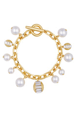 Goldtone Pearl Crystal Charm Bracelet