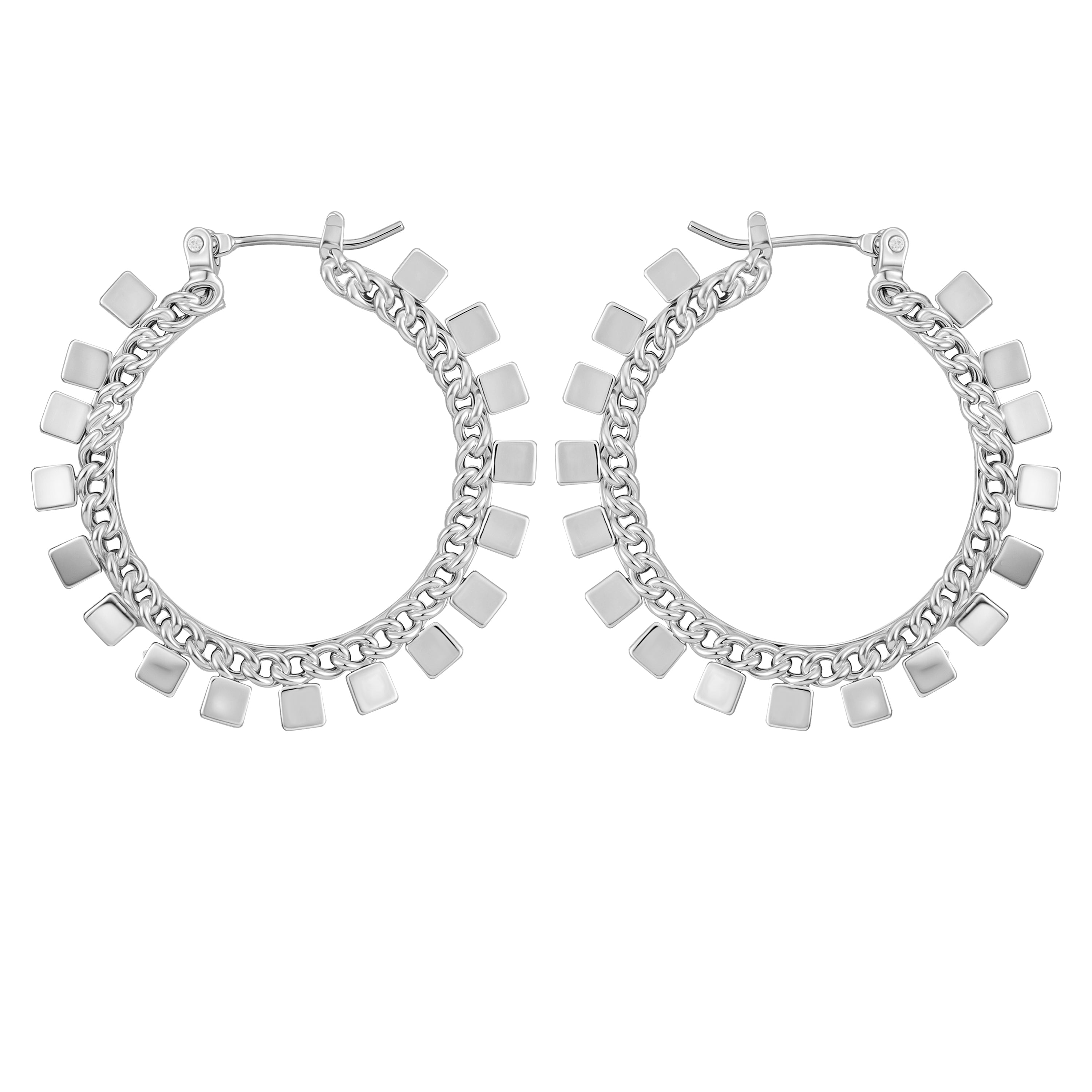 Silvertone Hoop Earrings With Geometric Accents